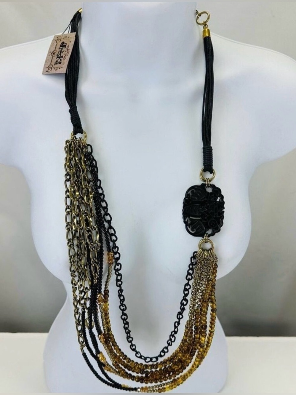 Treska NEW Mandarin necklace gold black multi chain carved resin Chunky 36in